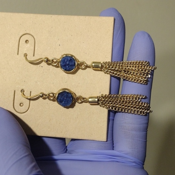 Women's Polished Gold tone Blue Circle Design Fringe Drop Dangle Earrings, 2.5" - Picture 3 of 5